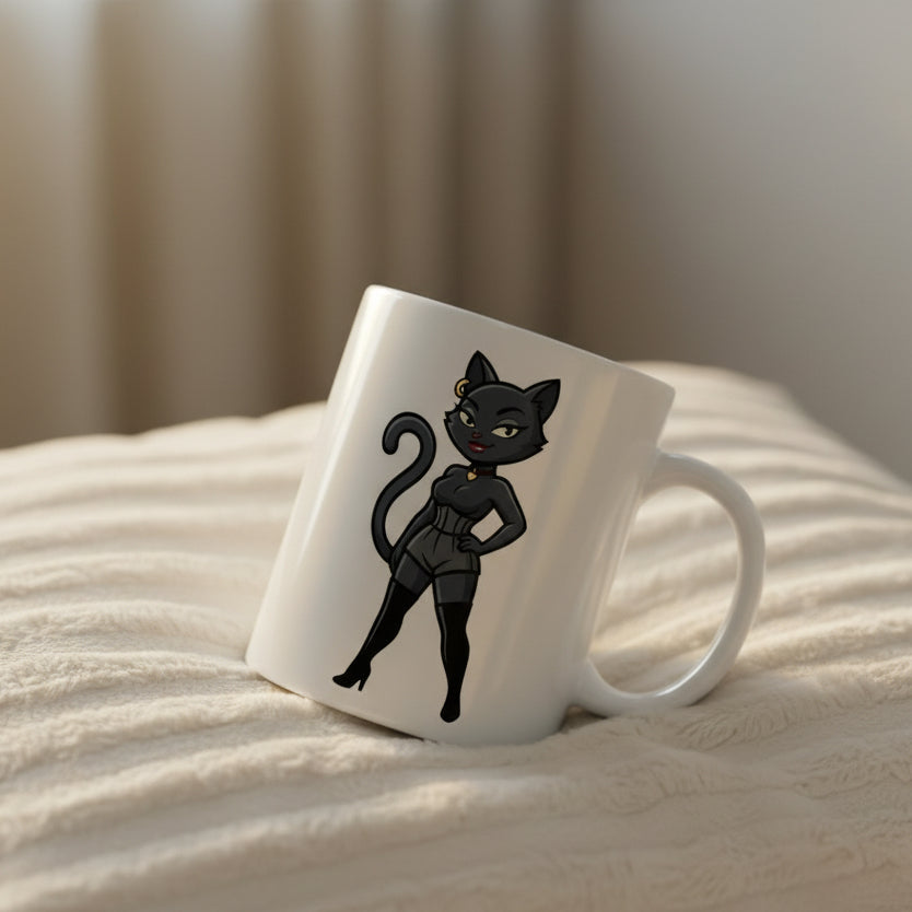 White mug with a black cat character design on a white background