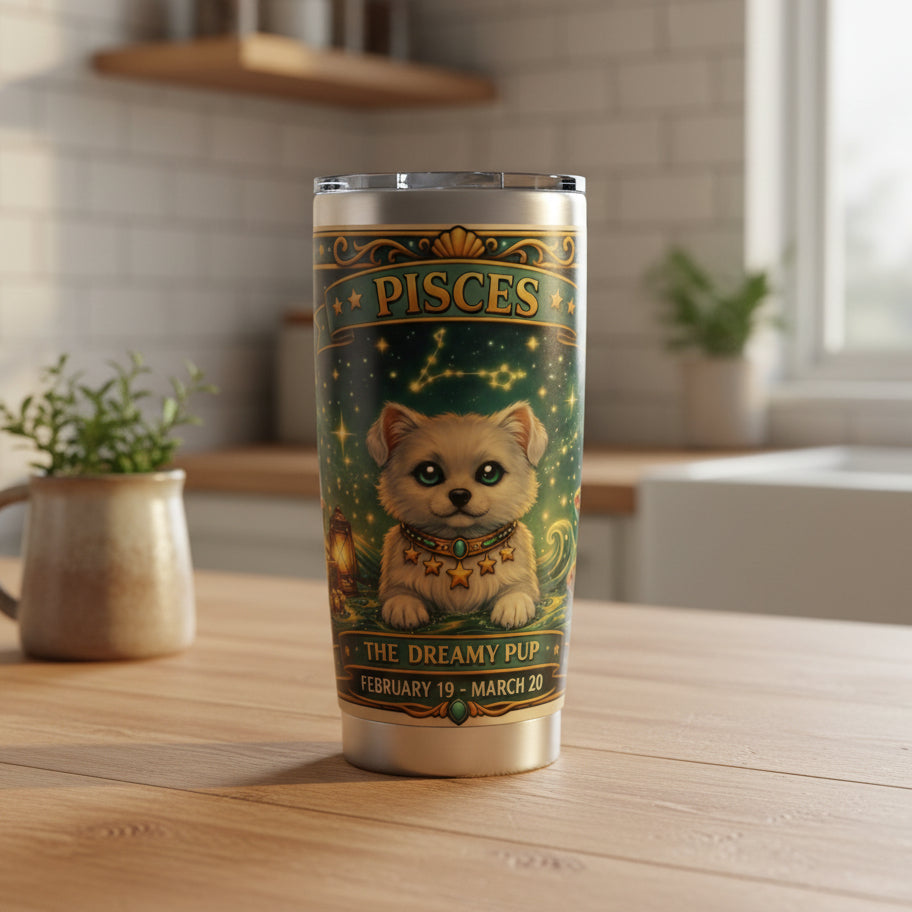 Tumbler with Pisces zodiac design featuring a puppy on a white background